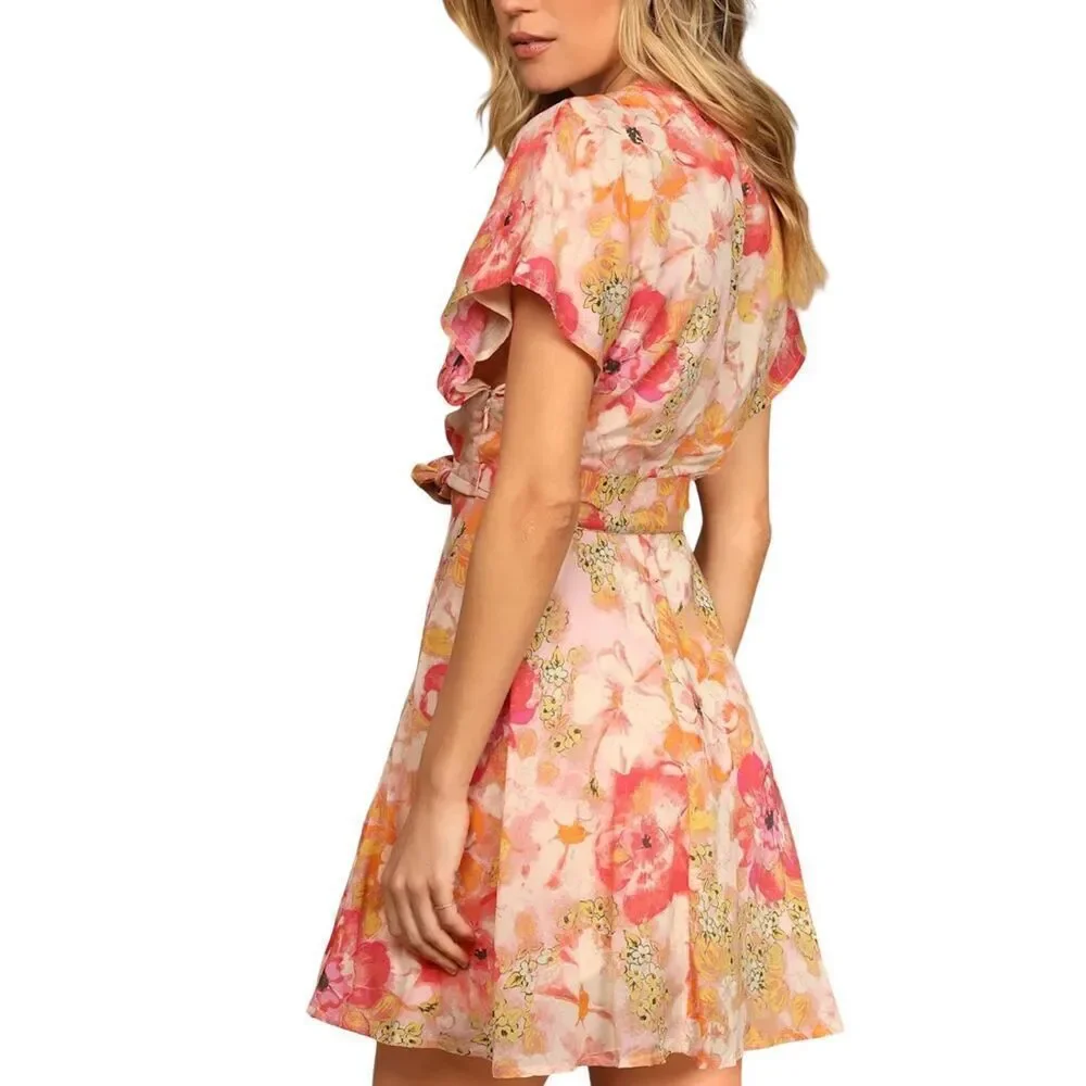 NWT Free People Freddy Pink Floral Print Short Sleeve Tie Mini Dress Women's XS